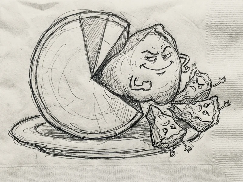 Sketch of a pie chart showing proximity taking up more than half the pie, with reviews, website, and other factors sharing the rest