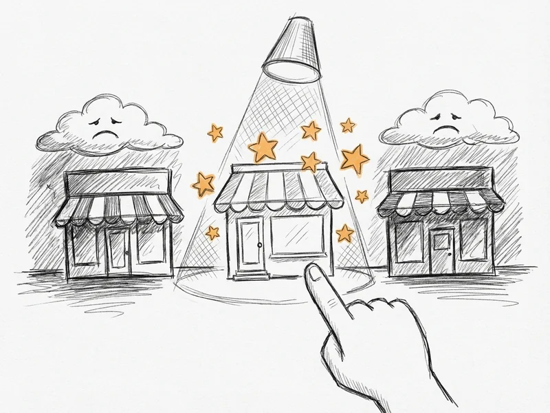 Sketch of three businesses in a map pack with the one with more review stars getting circled by a customer's finger