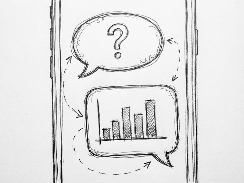 Sketch of a chat interface with a question 'Show me sales by month' and a bar chart response appearing below