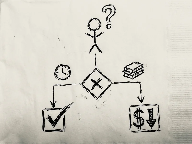 Simple hand-drawn flowchart showing decision points for choosing between Make and Zapier