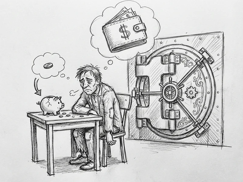 Small business owner with modest piggy bank looking at expensive enterprise vault