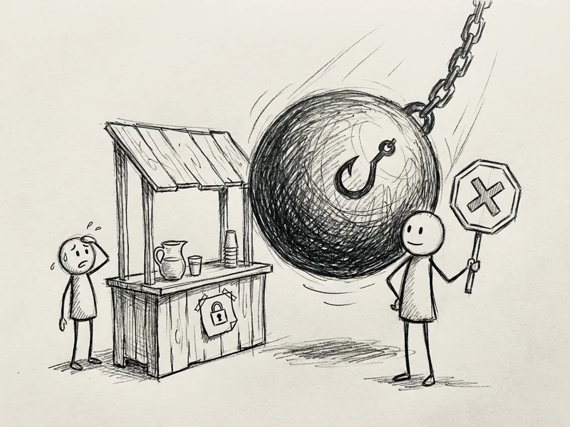 Small business with wrecking ball approaching but blocked by second person with stop sign