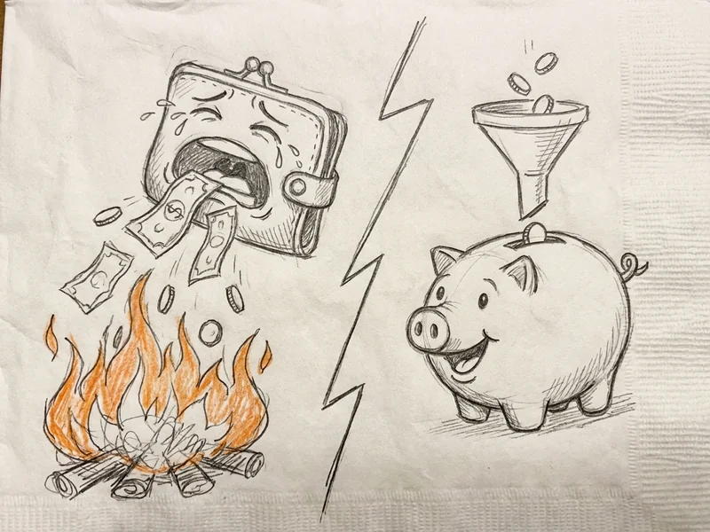 Sketch showing stacks of coins comparing Zapier costs ($100+) vs n8n costs ($20) per month