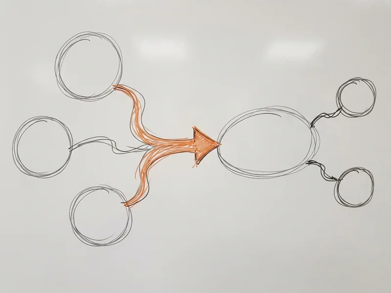 Hand-drawn sketch of n8n's node-based workflow interface showing connected automation steps