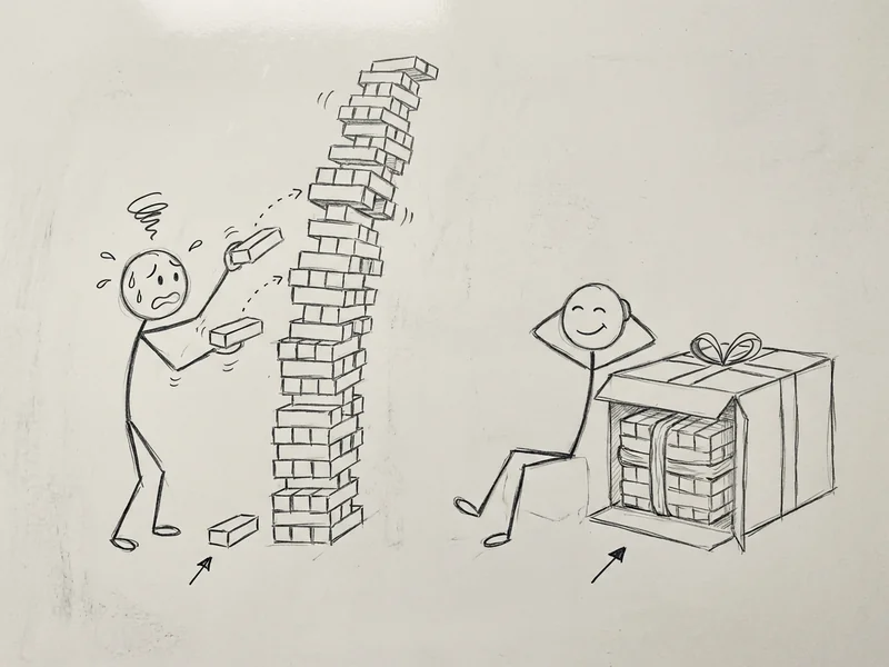 Simple sketch comparing Zapier task-based pricing (stacking blocks) vs n8n execution-based pricing (single workflow)