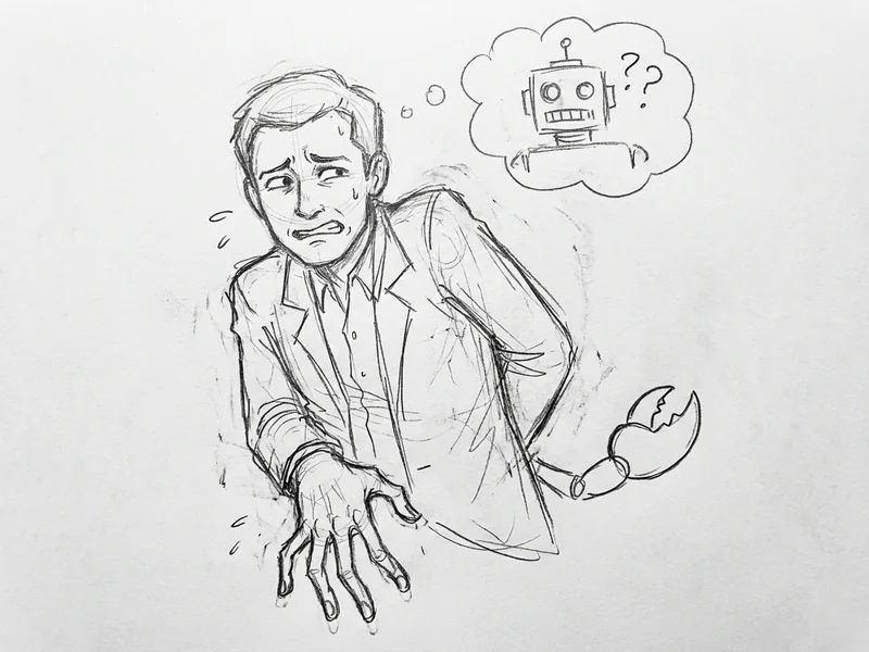 Humorous hand-drawn sketch showing AI's struggle with drawing hands correctly