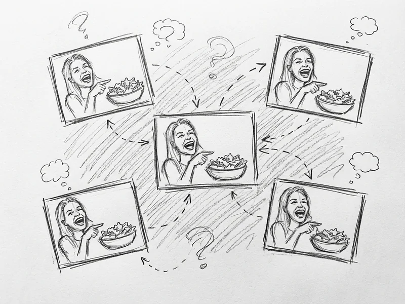 Hand-drawn sketch showing four different websites all using the exact same stock photo of a woman laughing at salad