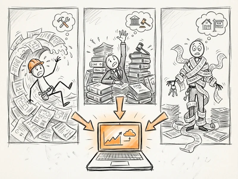 Sketch showing three panels: a contractor with building codes, a lawyer with case files, and a property manager with lease documents, all connecting to a laptop