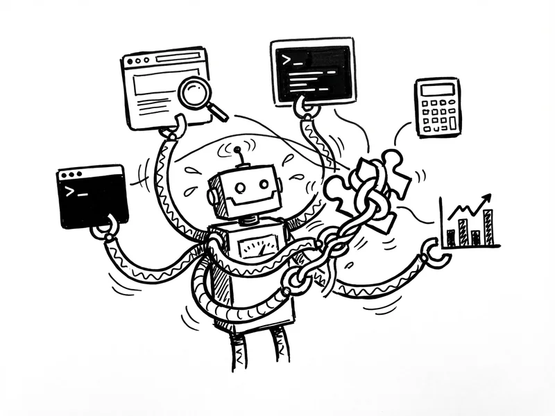 Sketch showing an AI agent searching the web, running calculations, and creating a chart all as part of answering one question