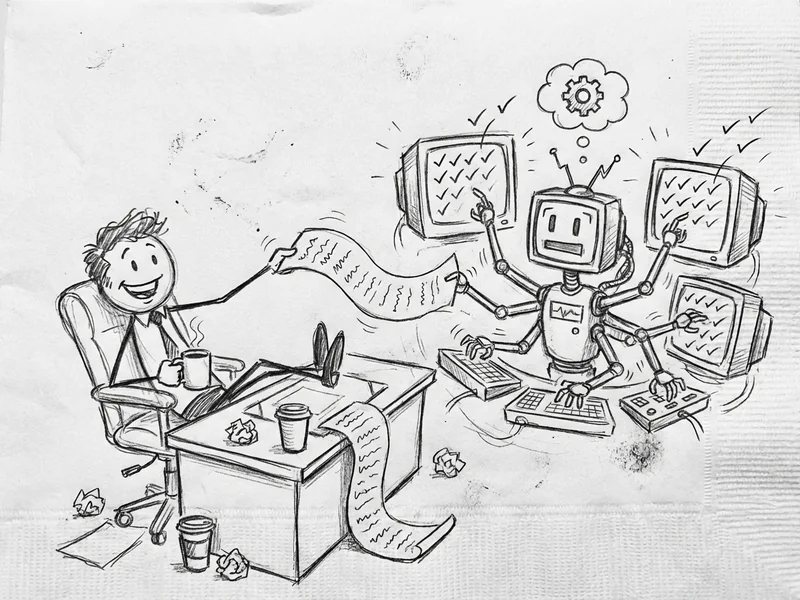 Sketch of a business owner at a desk handing off a to-do list to an AI assistant who's already working on multiple screens