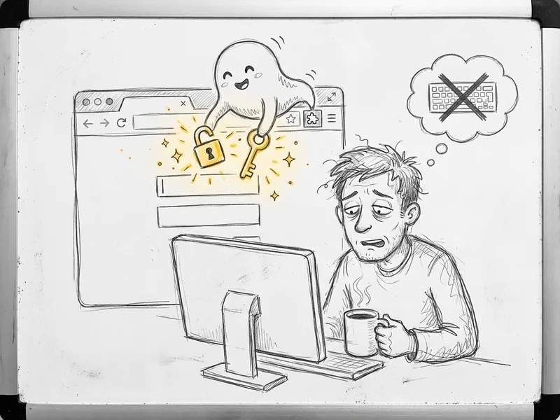 Sketch of a browser window with a password manager extension icon in the toolbar, showing how it auto-fills login forms