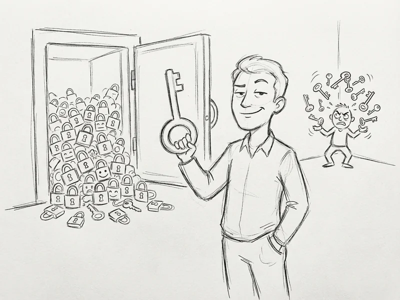 Sketch showing the concept of a password manager - one master key unlocking a vault containing many unique passwords for different services