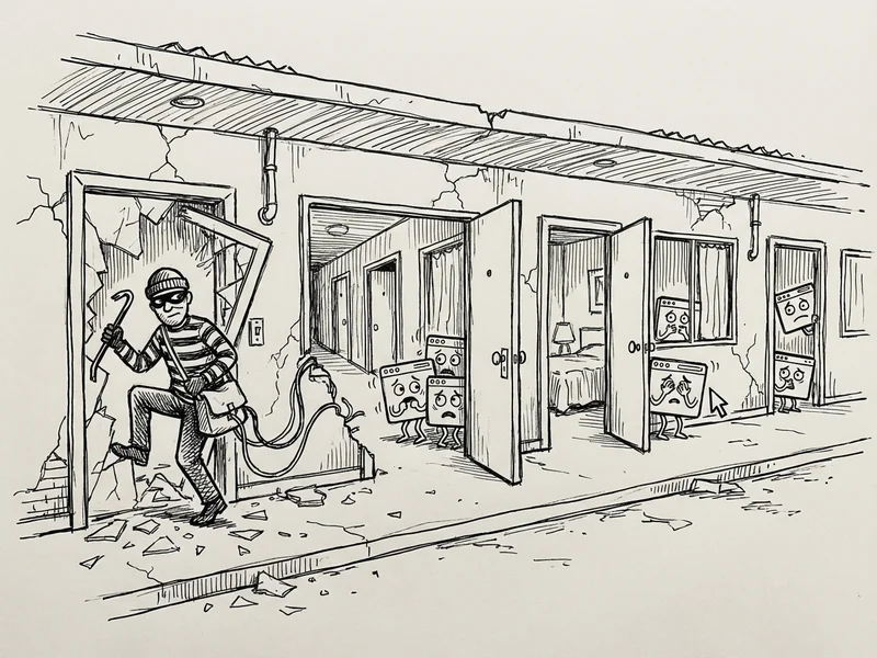 Sketch of a burglar breaking into one motel room door with access to all connected rooms where nervous websites peek out