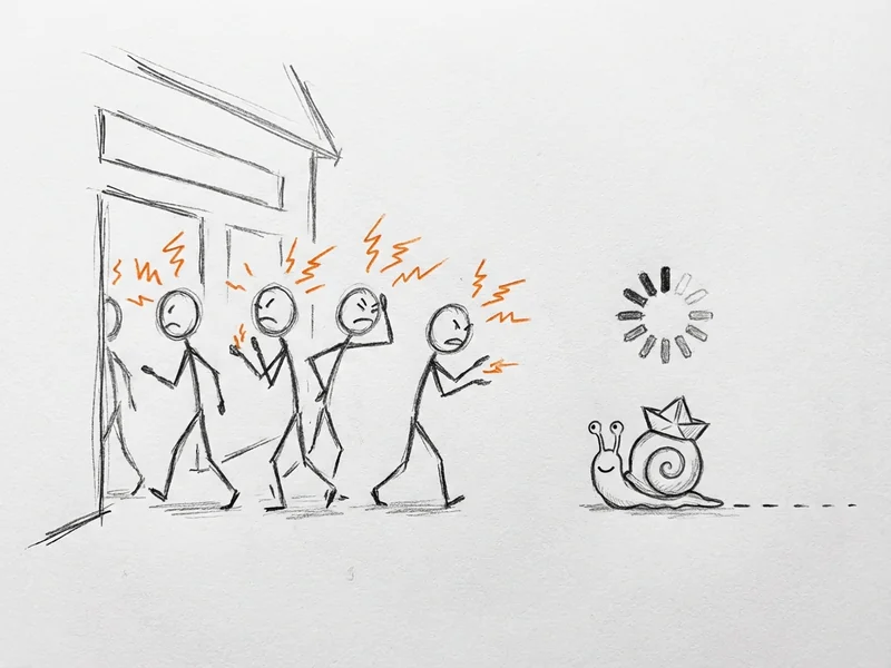 Sketch of impatient customers walking away while a snail wearing a server hat slowly crawls toward them representing a slow website