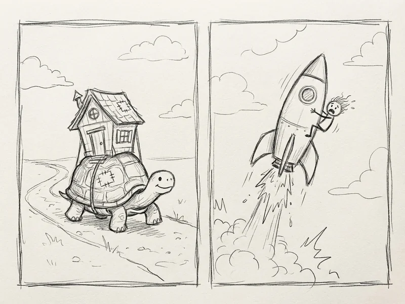 Sketch comparing bootstrapping (happy tortoise with house on back) versus VC funding (person clinging to rocket about to run out of fuel)