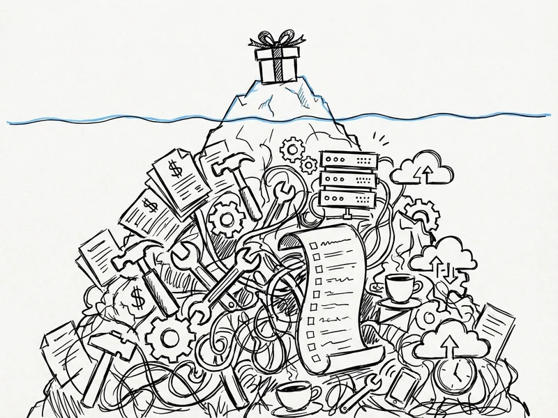 Sketch of iceberg with tiny gift box tip above water and massive pile of bills, servers, tools, and to-do lists below - showing hidden maintenance costs