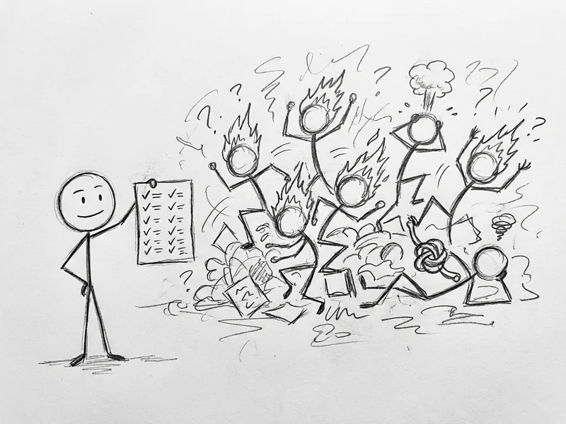 Sketch of calm stick figure with checklist while chaotic figures with hair on fire run around behind them - documenting requirements improves success odds