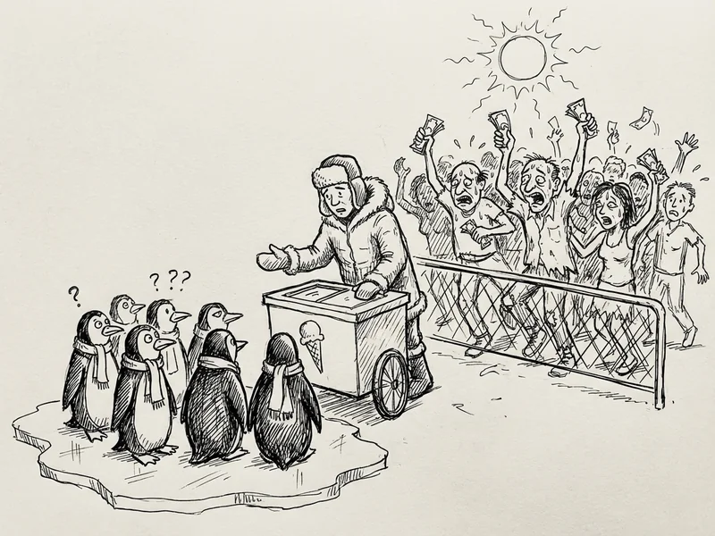 Sketch of person selling ice cream to confused penguins while sweaty crowd waves money in background - illustrating building for the wrong market