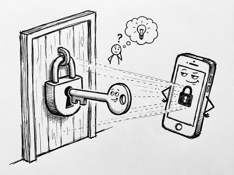 Hand-drawn sketch showing locked door with key and phone - both working together to unlock, illustrating that you need both password and phone for 2FA
