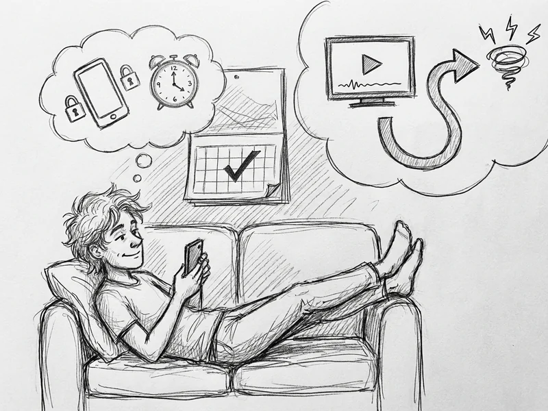 Hand-drawn sketch showing person casually setting up 2FA on phone while timer shows 20 minutes, illustrating how quick and easy setup is
