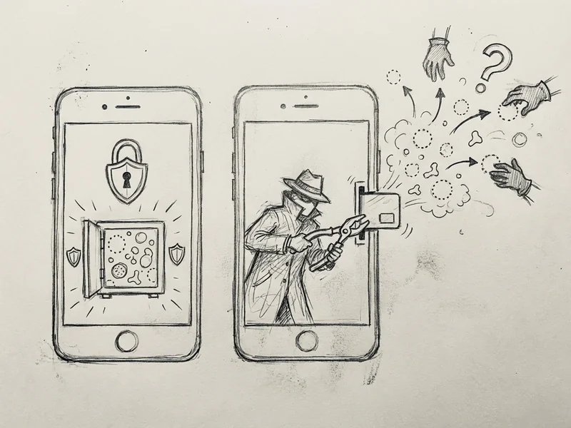 Hand-drawn sketch showing two phones - one with authenticator app (codes safe inside) vs one being SIM-swapped (codes flying out), illustrating SMS vulnerability