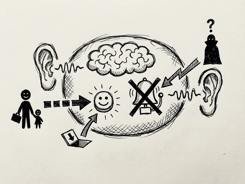 Hand-drawn sketch showing how brains trust familiar voices, with a trust button lighting up for familiar sounds while warnings are disabled