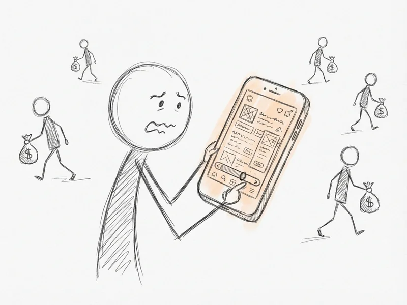 Person frustrated at phone showing broken website while customers walk away with money bags