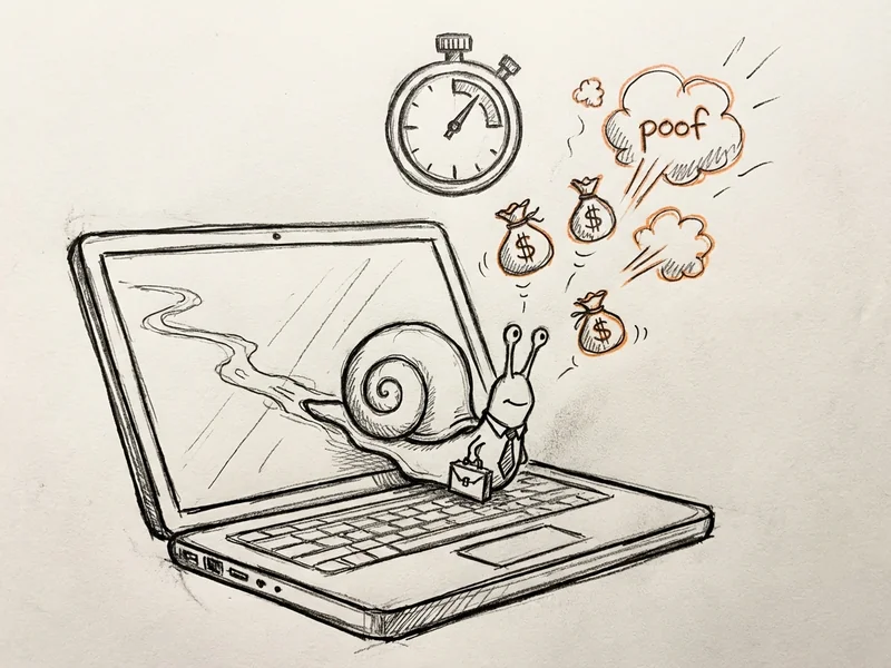 Snail with briefcase slowly crawling across laptop while money bags float away and disappear