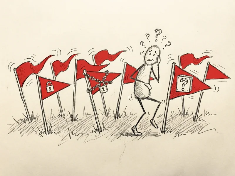 Sketch of a checklist with red flags: no itemized bill, charging for SSL, no hosting access, lock-in contracts