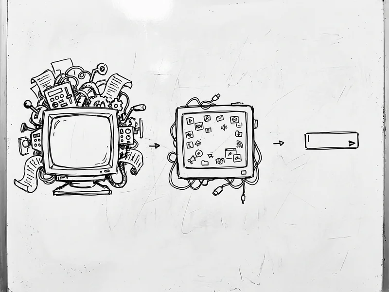 Sketch showing the evolution from a complex dashboard with many buttons to a minimal interface with just a text input field