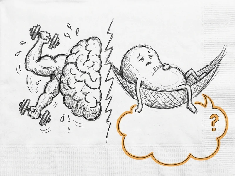 Sketch of a brain with chat bubbles on one side and traditional interface elements like buttons and sliders on the other, showing the tension between the two approaches