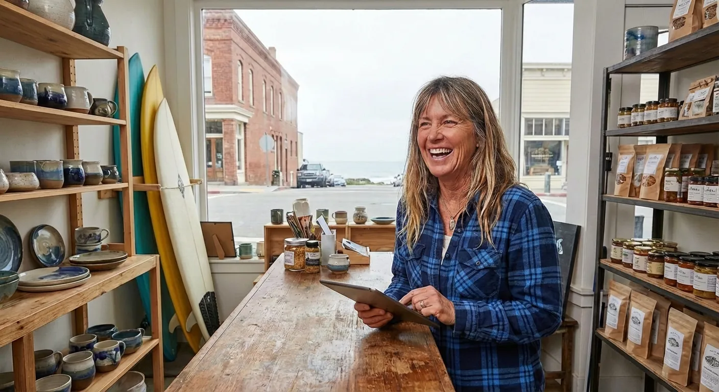 Hand-drawn sketch of a business owner happily serving customers while their website is managed in the background